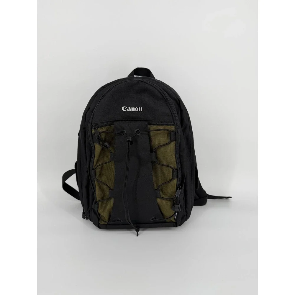 Canon DSLR Camera Backpack Black Olive Green Padded Gear Bag with Bungee Front